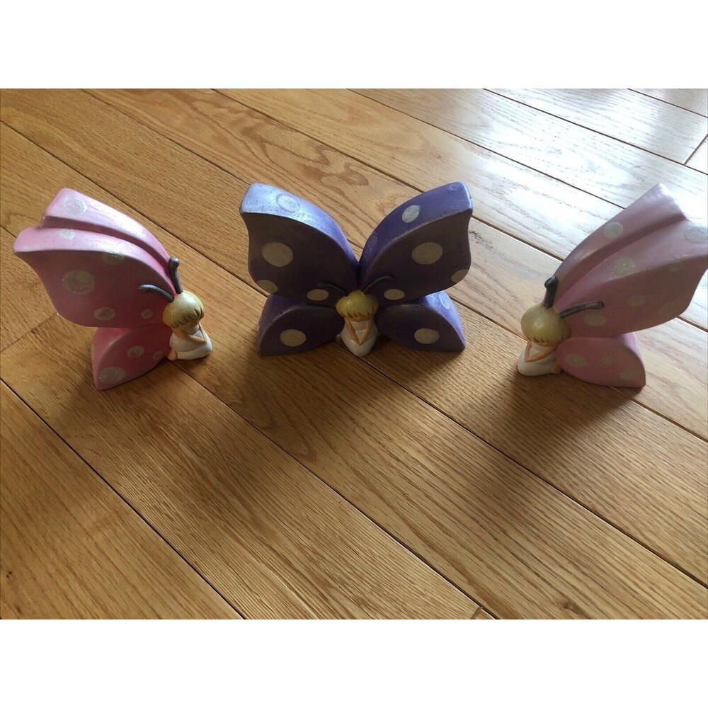 Decorative Ceramic Mythical Butterfly Fairies Set of 3 Collectible Purple &Pink
